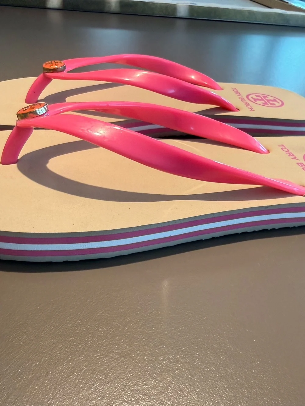 Tory Burch Eva Pink Tan Stripe side Logo Flip Flop Sandals Size 5-6